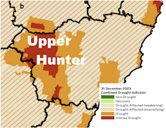 Map of Upper Hunter region showing drought indicators in December 2023