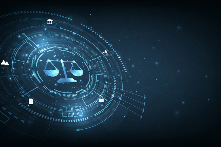 Graphic illustration of scales representing justice within concentric lines on a dark blue background