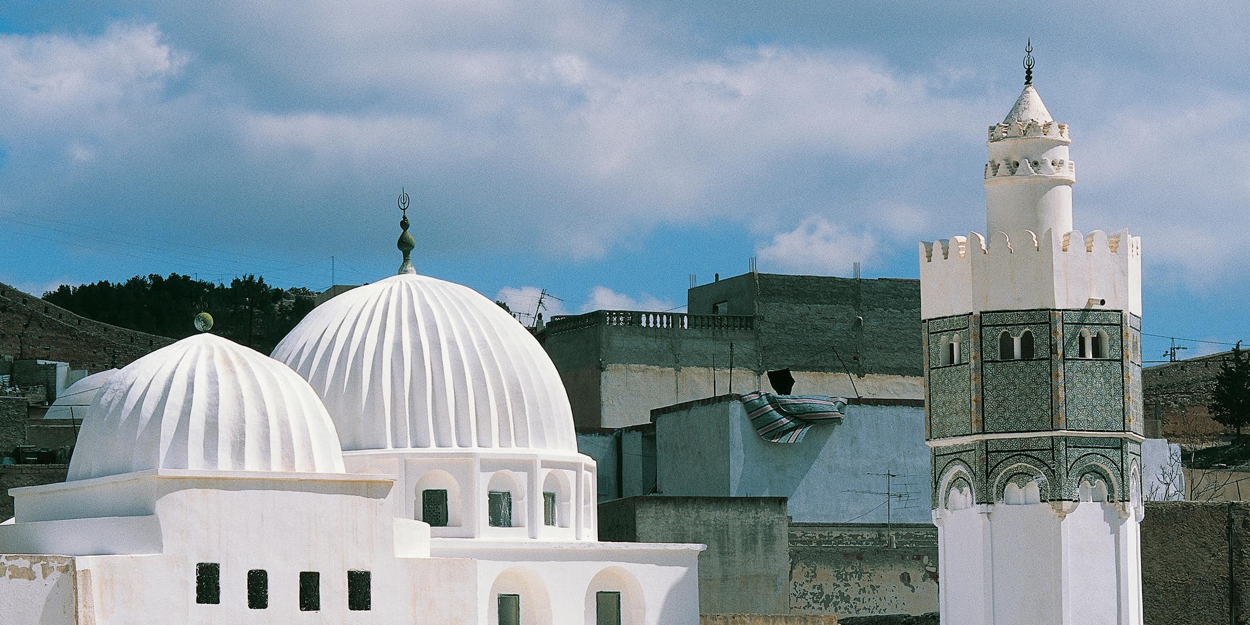 A landscape view with at the spires of a mosque foregrounded above a great plain. 