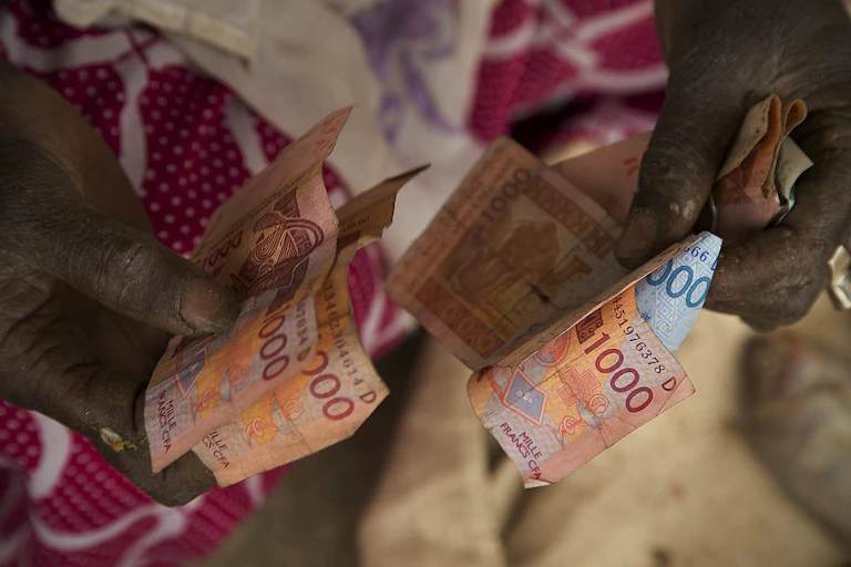 gros plan sur les mains d'une personne qui compte des billets de Francs CFA