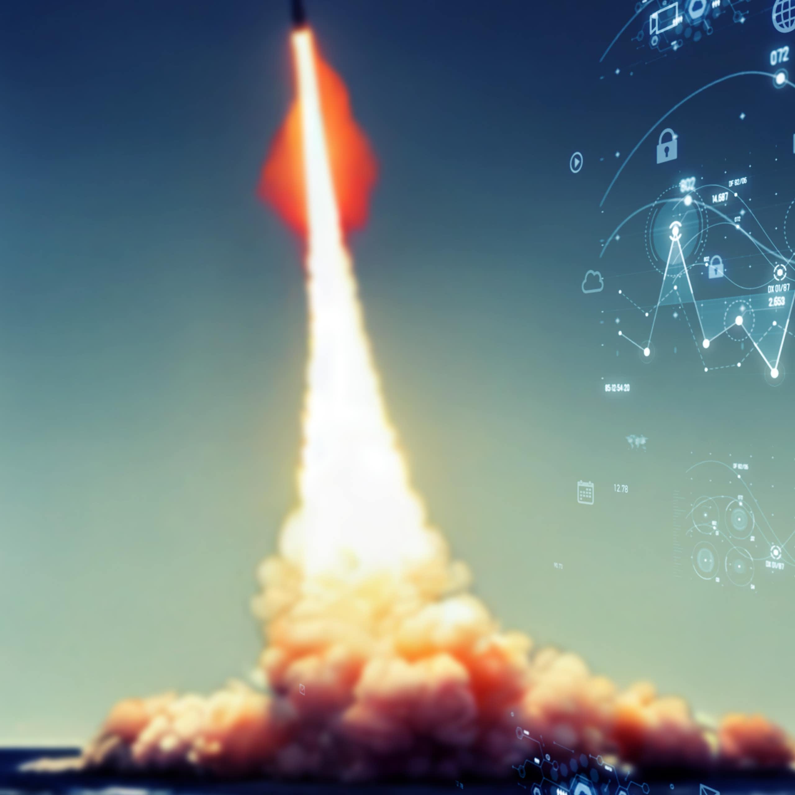 A graphic depiction of a missile being launched into space
