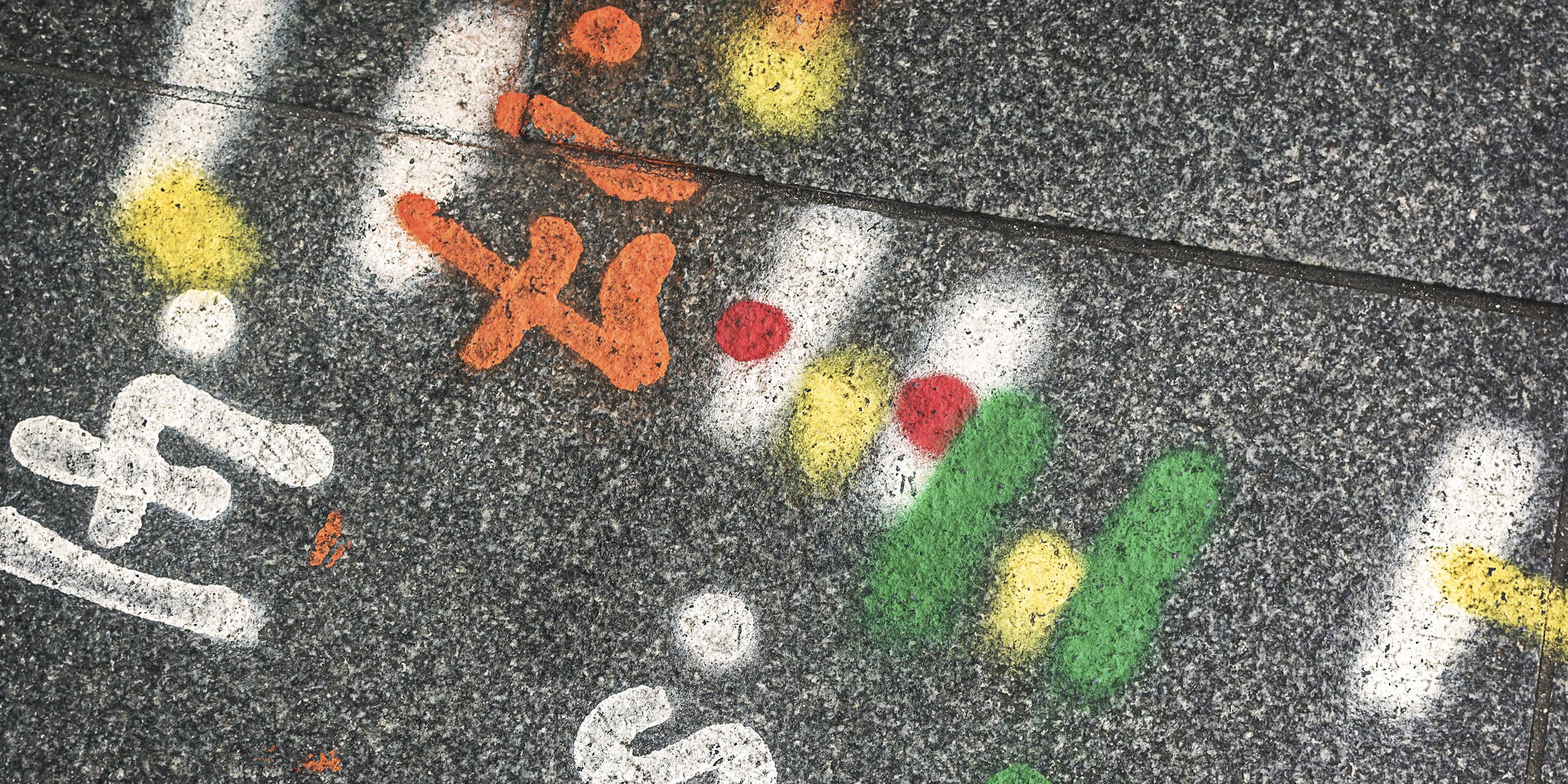 Engineering marks on a road surface.