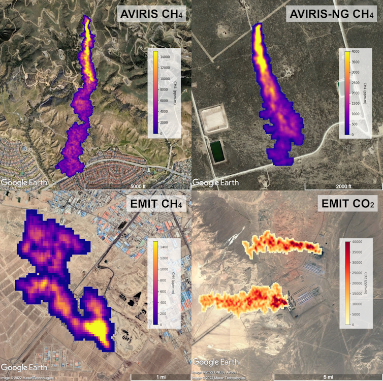 Satellite images show how methane plumes spread from different sources.