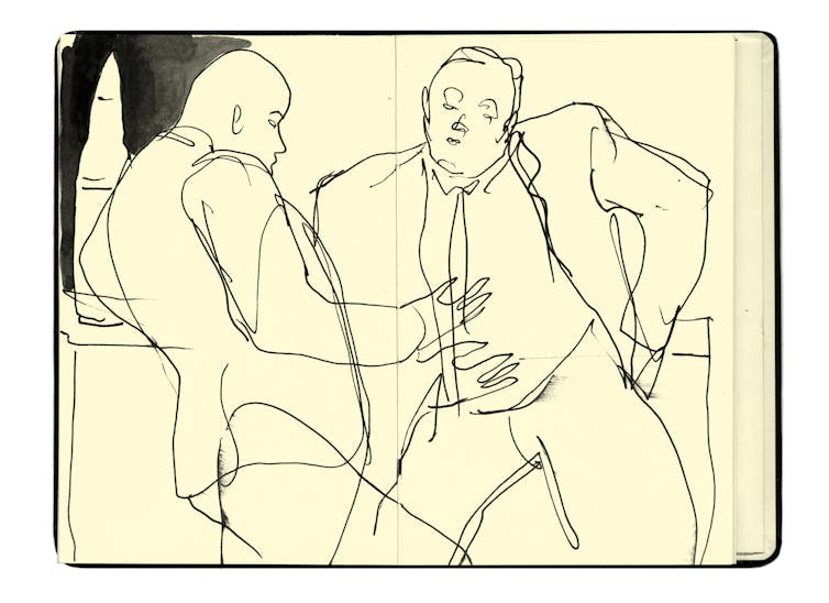 An artists depiction of two bald men in suits having a discussion.