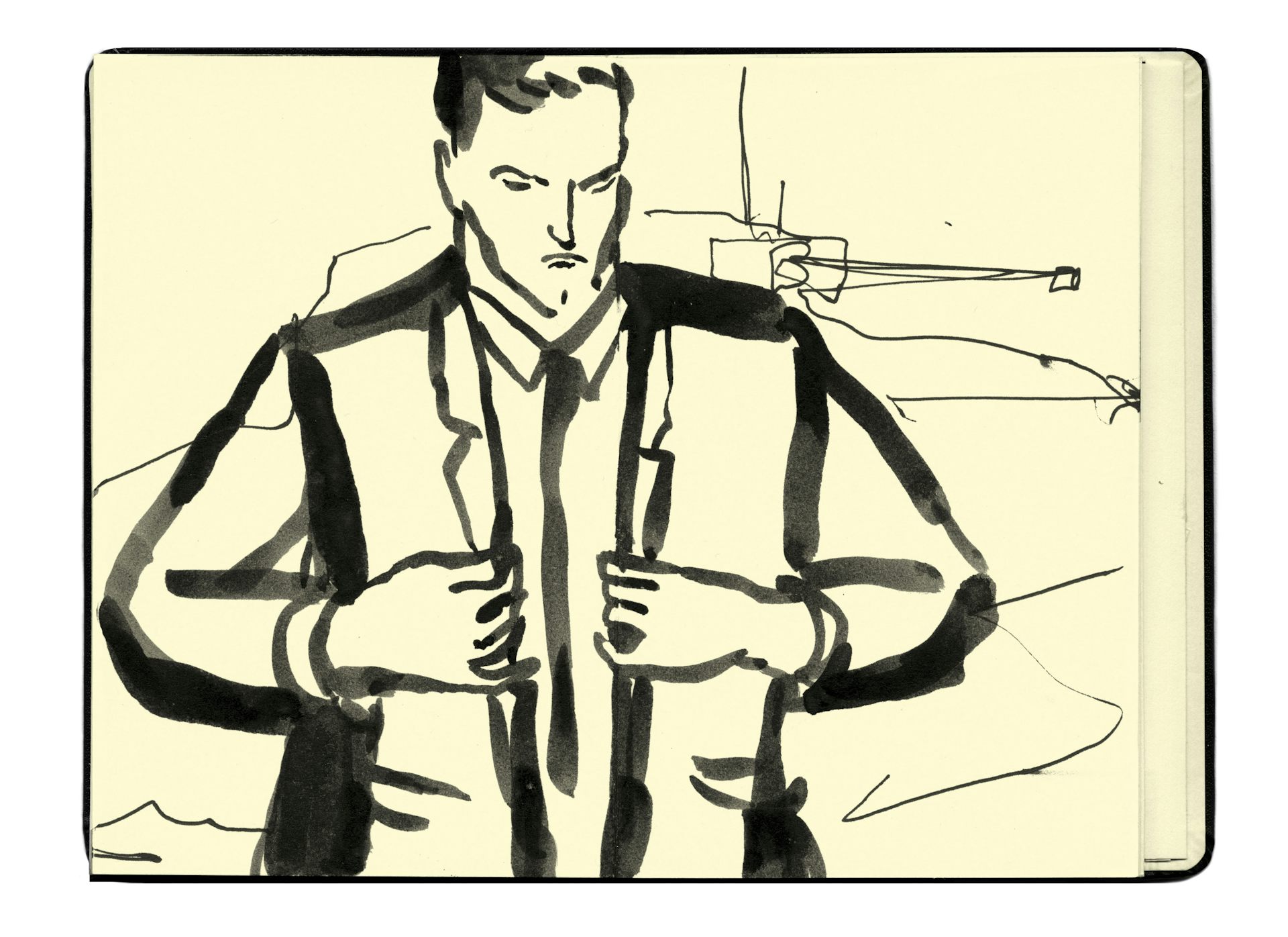 A drawing of a man standing in front of a tank straightening his jacket.