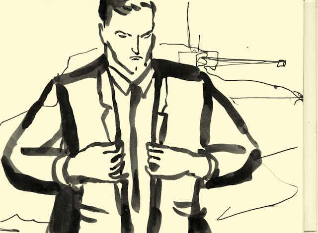 A drawing of a man standing in front of a tank straightening his jacket.