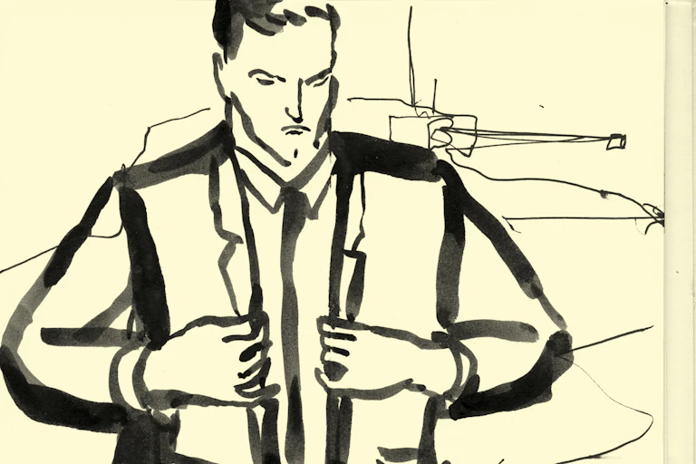 A drawing of a man standing in front of a tank straightening his jacket.