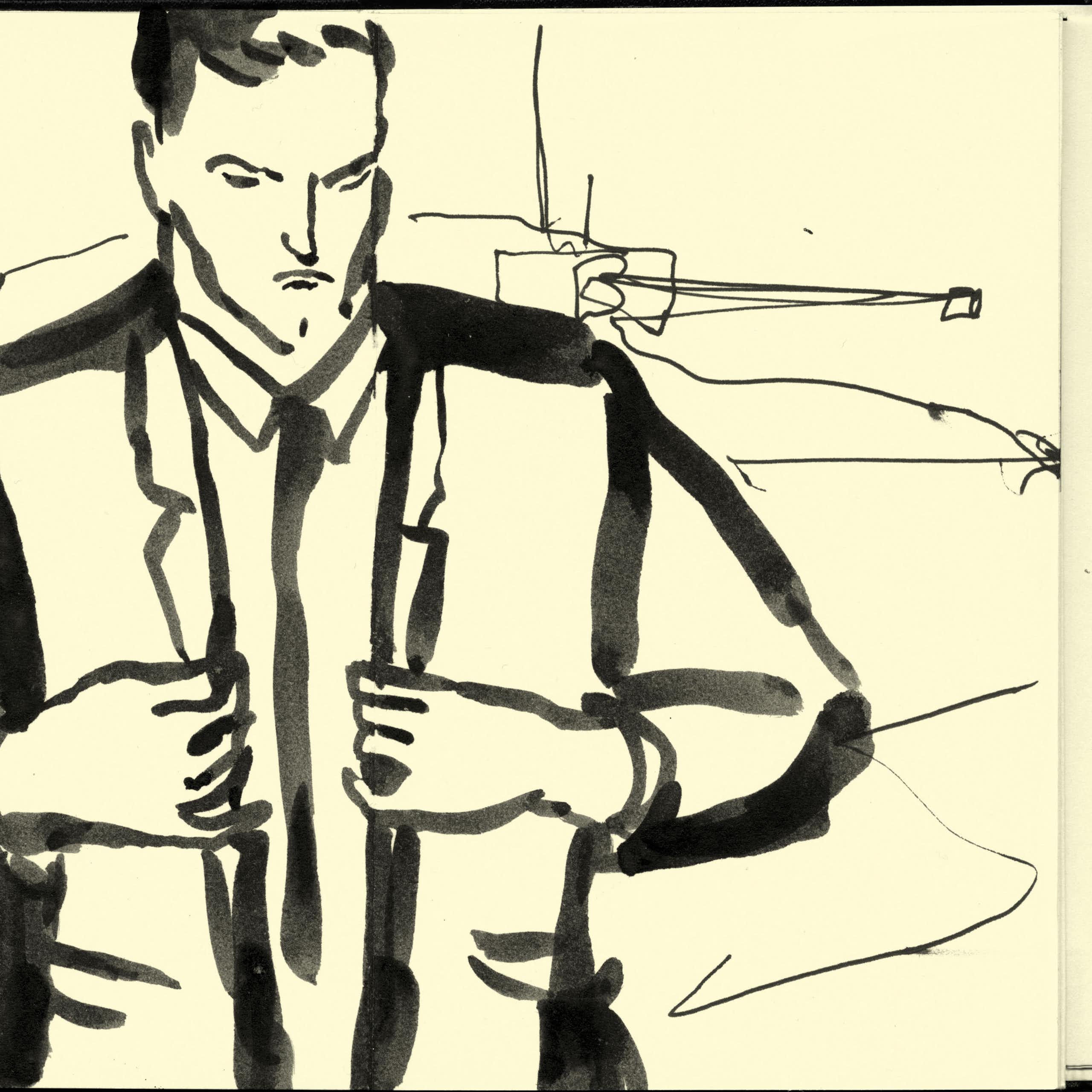 A drawing of a man standing in front of a tank straightening his jacket.