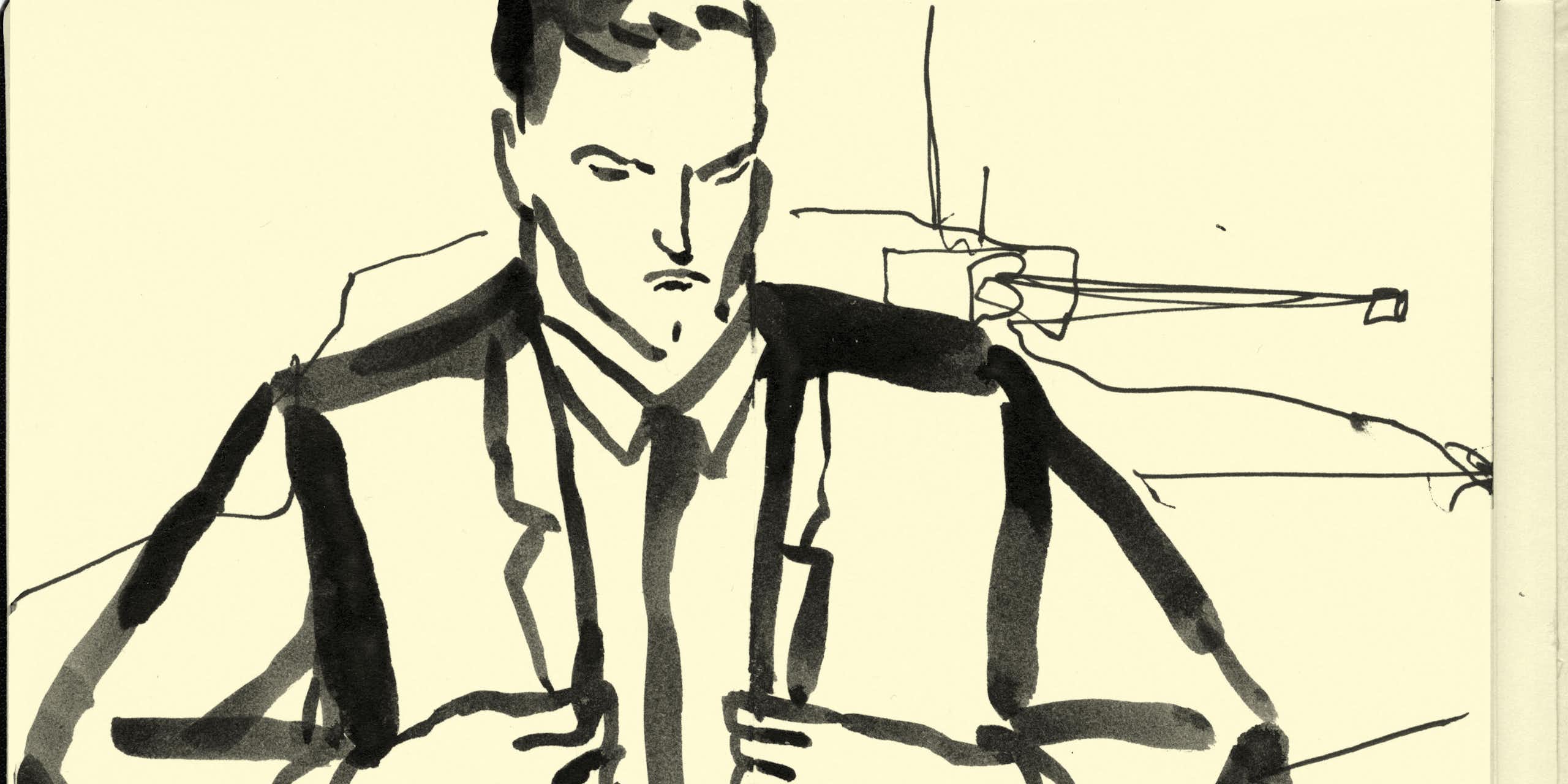 A drawing of a man standing in front of a tank straightening his jacket.