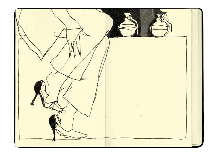 A drawing of a woman in heels sat next to a stand displaying two grenades.