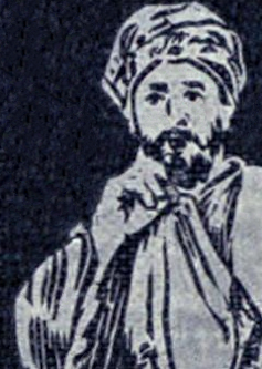 A black and white sketch of a man wearing a headdress and loose clothing.