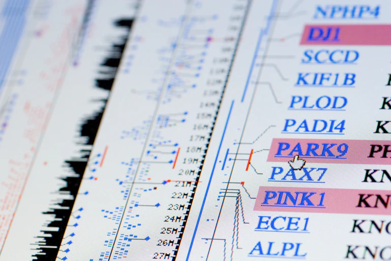 Genome readout composed of several columns of lines and dashes, and a list of Parkinson's mutations