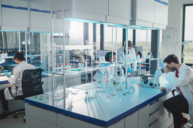 four researchers in white coats doing tasks in a lab