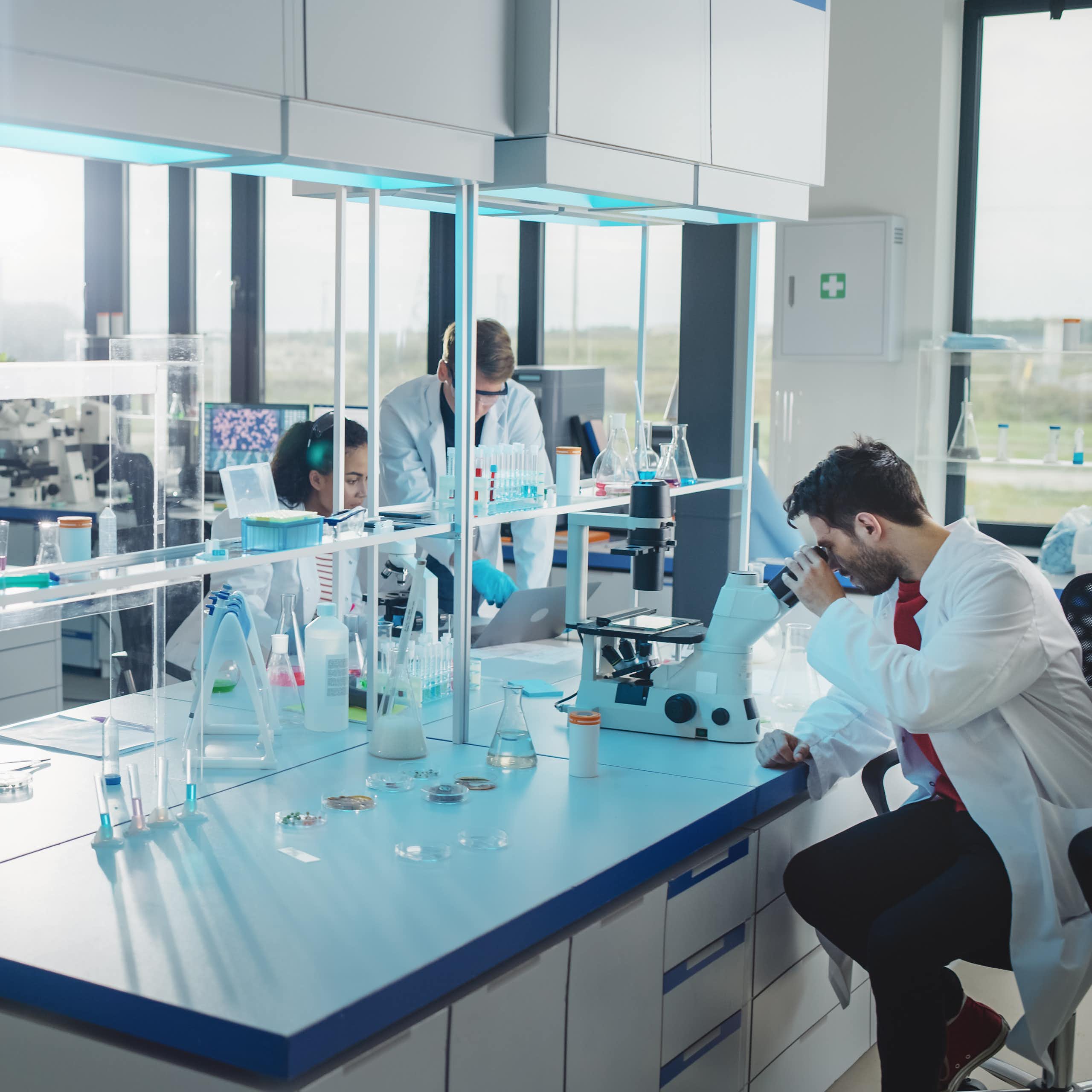 four researchers in white coats doing tasks in a lab