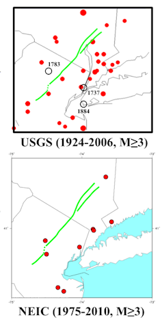 Maps shows a fault line running toward the northeast through New Jersey.
