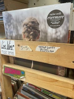 A Taylor Swift vinyl album sits in a wooden display box