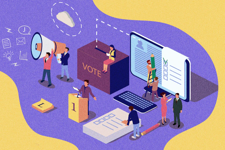 An illustration of of people interacting with oversized items associated with elections, including a ballot box, ballot paper and podium.
