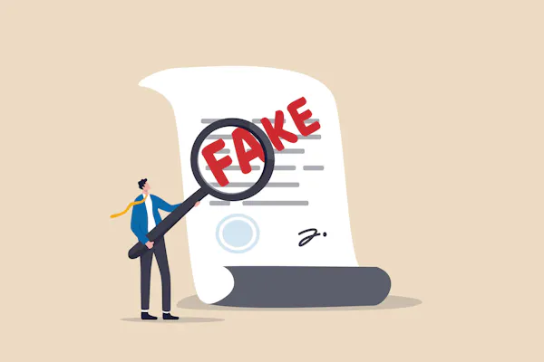 An illustration of a man holding up a giant magnifying glass to a piece of paper that says 'fake'.
