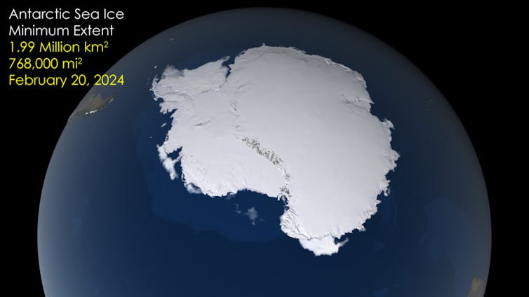 An animation of Antarctica, showing the minimum extent of sea ice in 2024