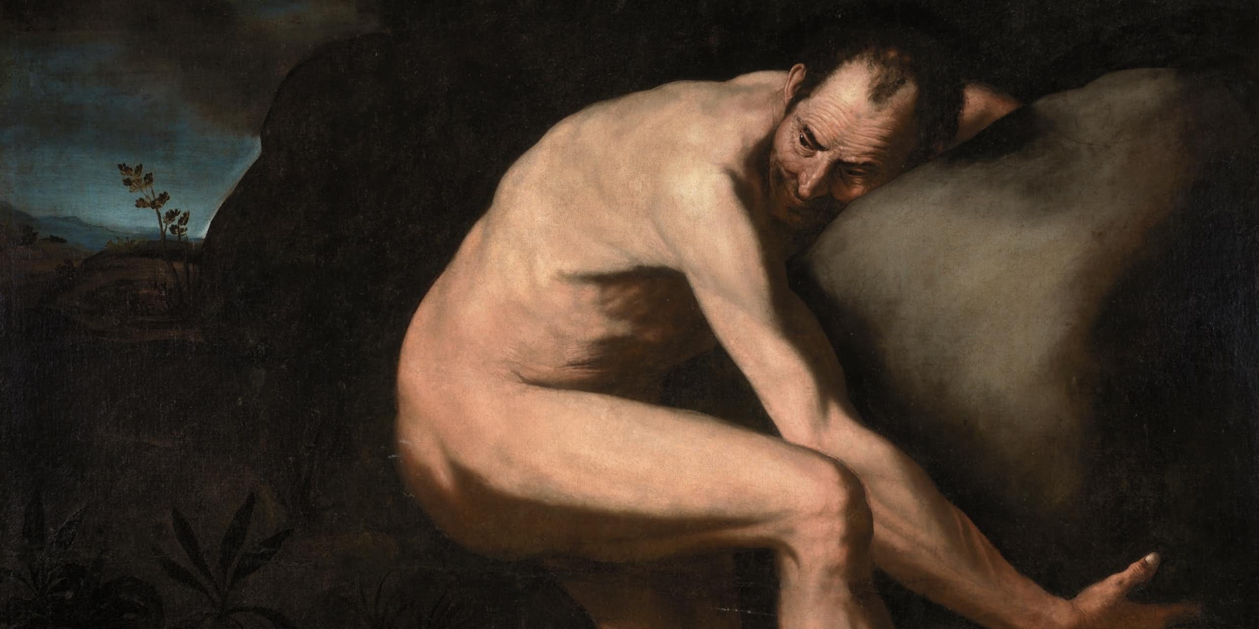A painting of a naked man, Sysiphus, carrying a rock.