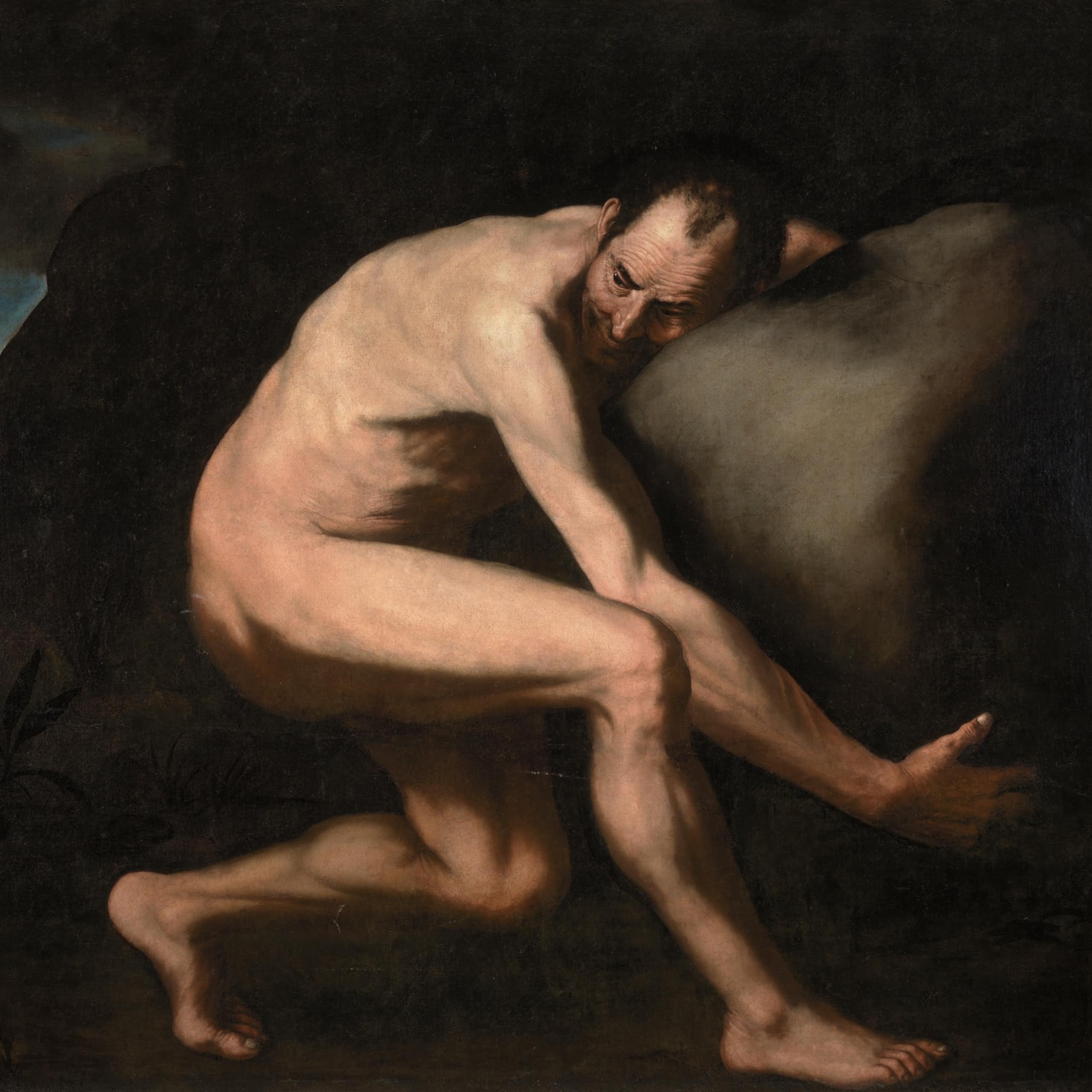 A painting of a naked man, Sysiphus, carrying a rock.