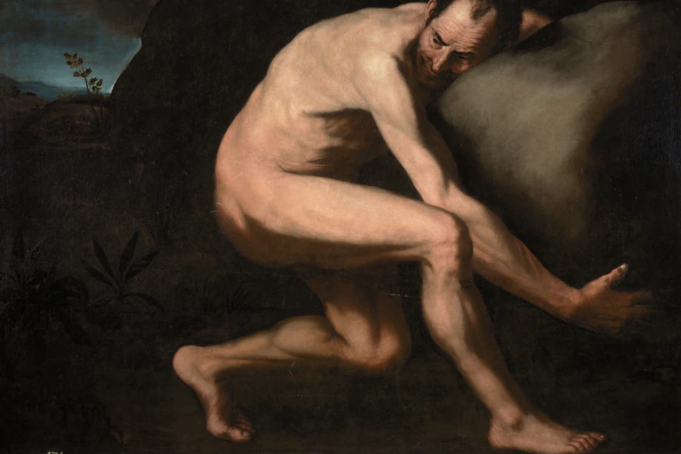 A painting of a naked man, Sysiphus, carrying a rock.