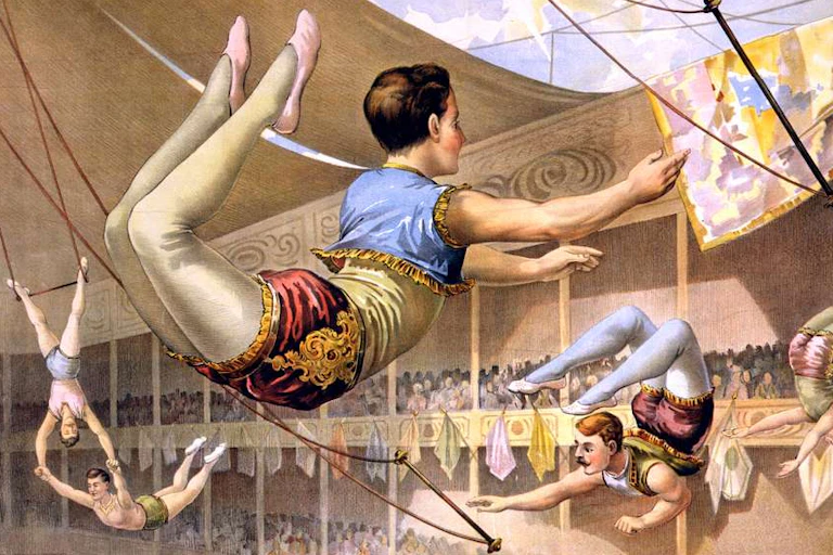 illustration ancienne d'un numéro de trapèzes volants