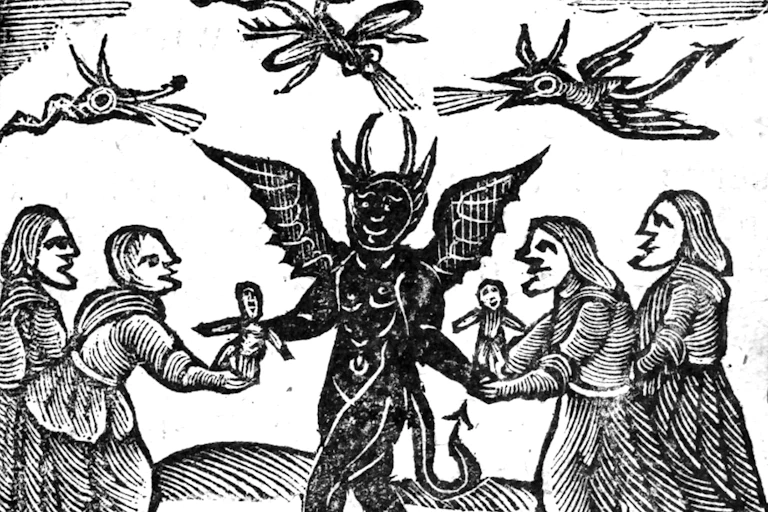 A very old depiction of a Devil with horns and a tail offering dolls to a group of surrounding people.
