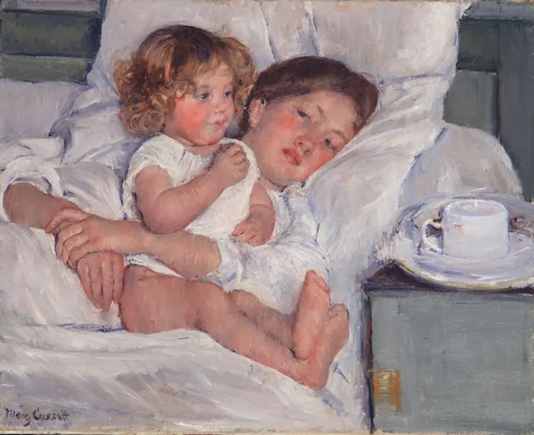 Painting of a woman holding a young toddler in bed