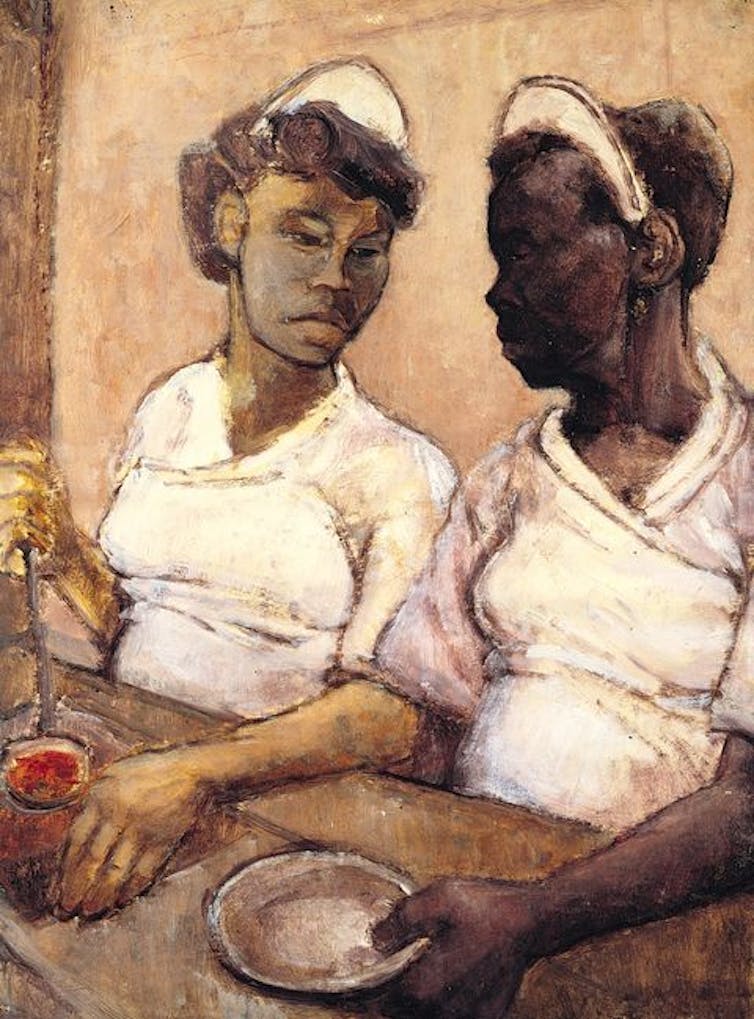 Painting of two West Indian waitresses