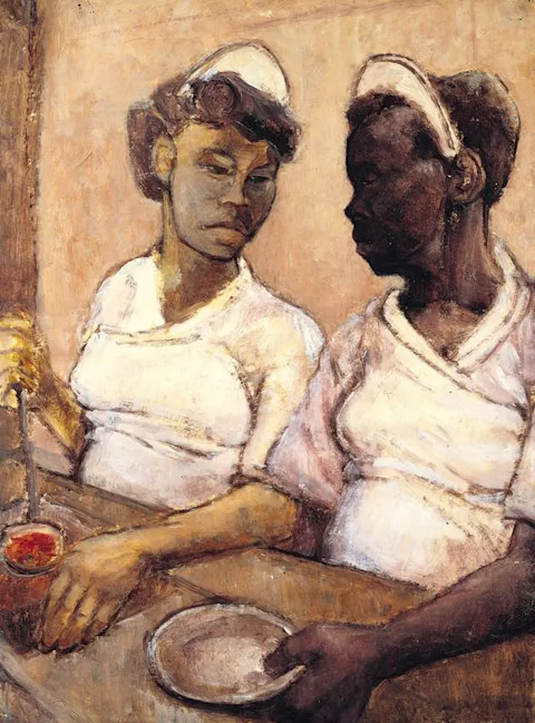 Painting of two West Indian waitresses