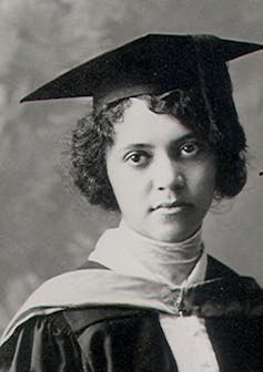 A black and white photo of Alice Ball, wearing a graduation cap and robes.