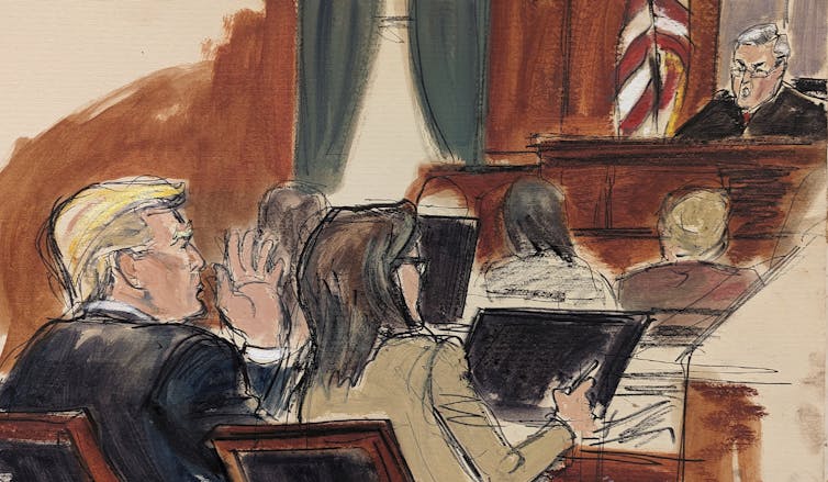 A courtroom sketch shows a judge speaking to Donald Trump and an attorney.