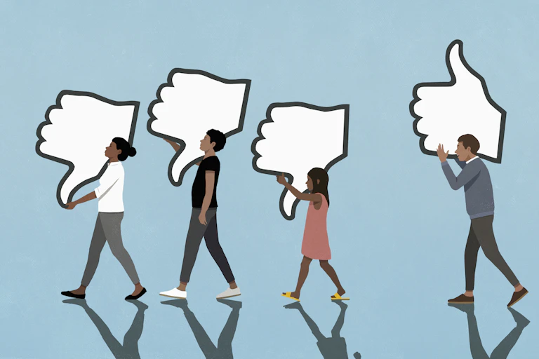 Three people holding images of thumbs down, one with a thumbs up.