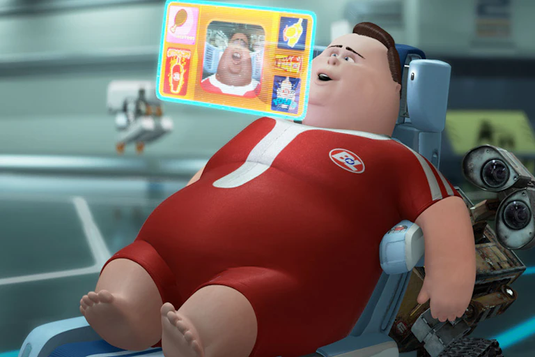 cartoon image of an obese man in a futuristic reclining chair looking at a video screen floating in front of his face