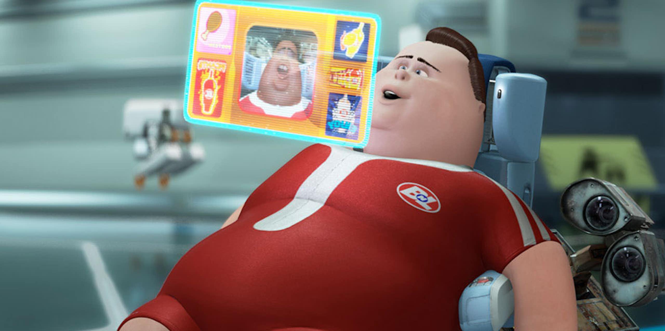 cartoon image of an obese man in a futuristic reclining chair looking at a video screen floating in front of his face
