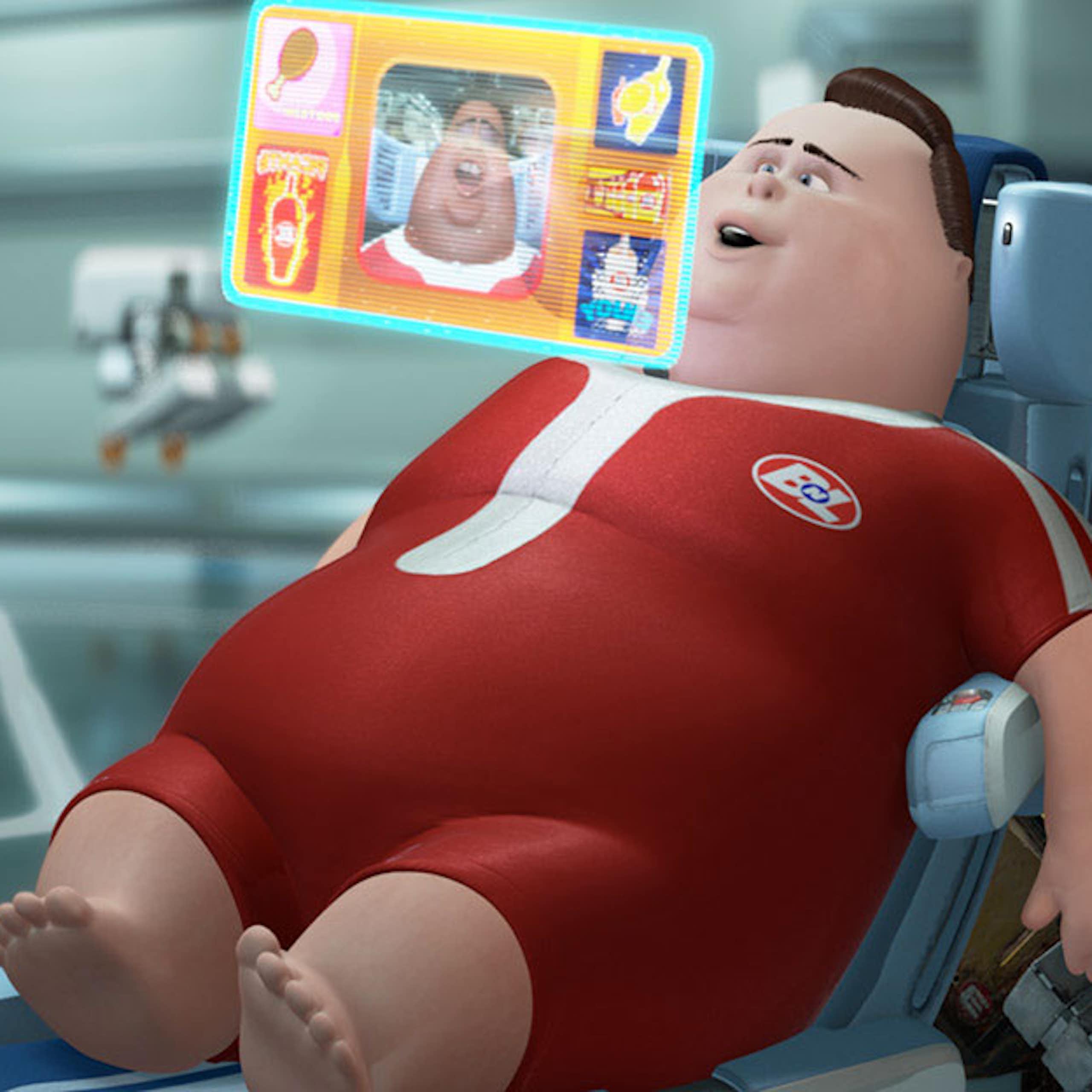 cartoon image of an obese man in a futuristic reclining chair looking at a video screen floating in front of his face
