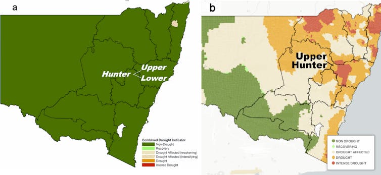 Maps of drought conditions in NSW in April 2023 compared to the next six months
