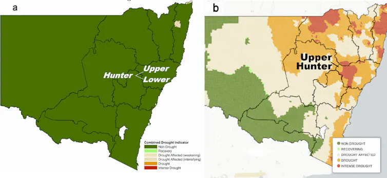 Maps of drought conditions in NSW in April 2023 compared to the next six months