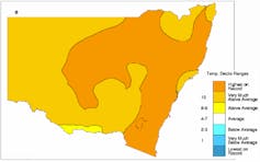 Map of NSW showing average temperature ranges recorded for May–October 2023.