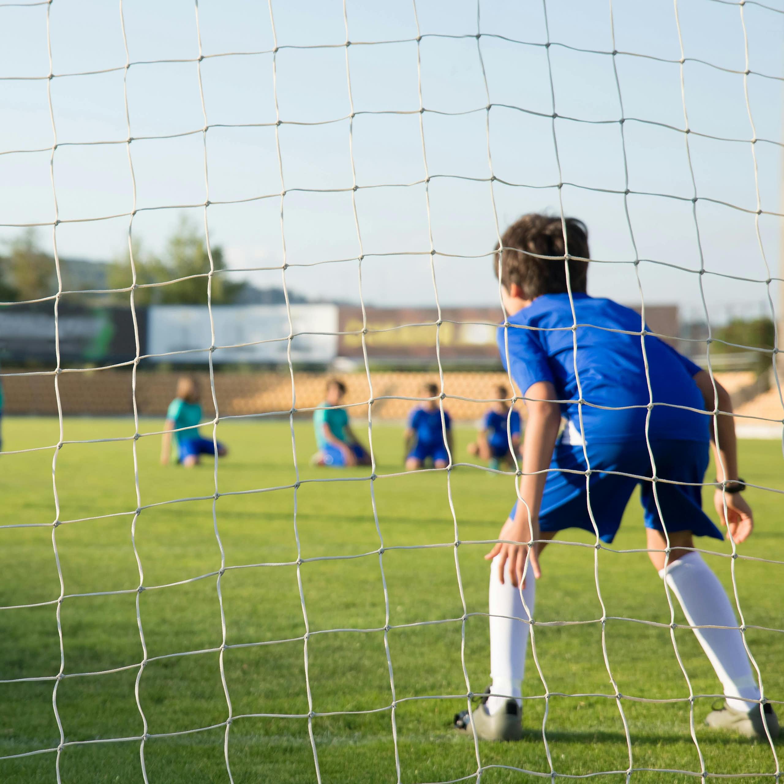 A boy prepares to kick a ball into a soccer net. Another boy waits to stop it. 