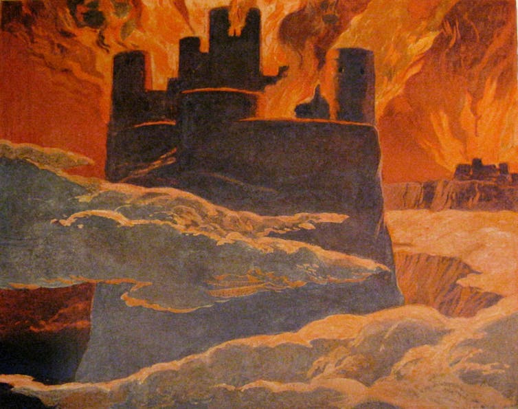 A painting of a castle on fire.