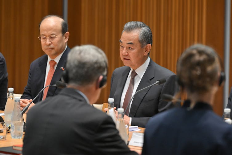 China's top diplomat Wang Yi speaks at a meeting with Australian officials