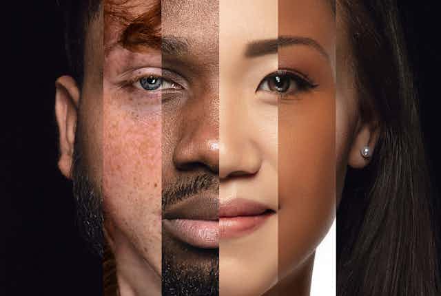 Human face made from different portraits of men and women of diverse age and race.