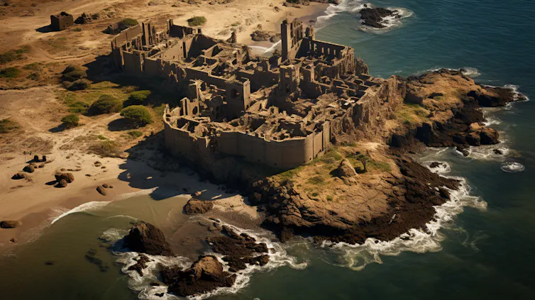 Vista aérea de la ciudad arcaica en la isla del Mimoide