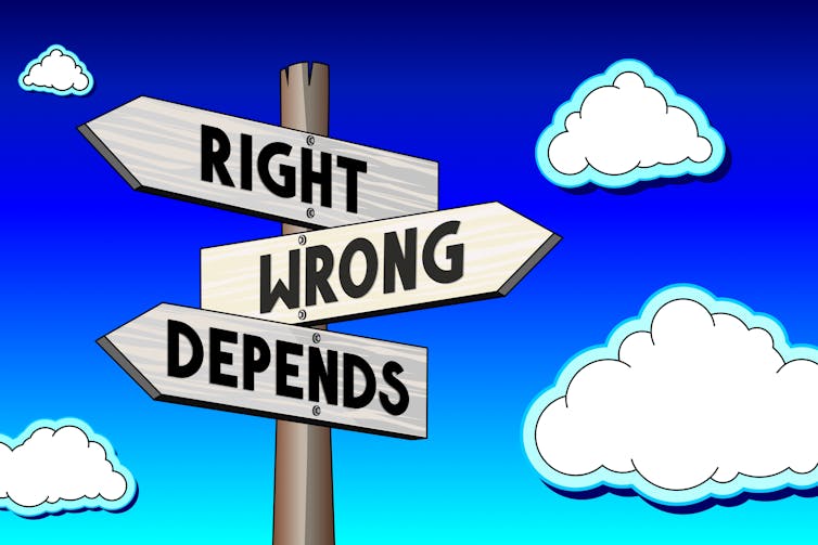 A signpost with three arrows labeled “True,” “Wrong,” and “Depends.”