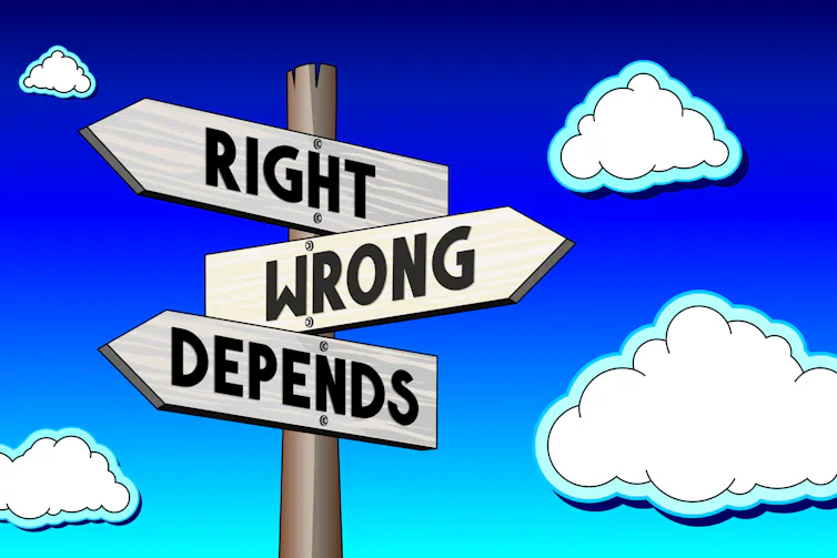 A Signpost with three arrows, labeled 'Right,' 'Wrong' and 'Depends.'