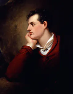 A Regency period portrait of Lord Byron looking pensive chin in hand.