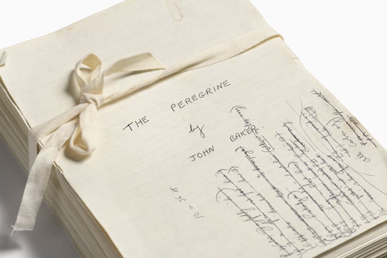 close up of old ribbon-bound paper book manuscript, blue handwriting, title The Peregrine