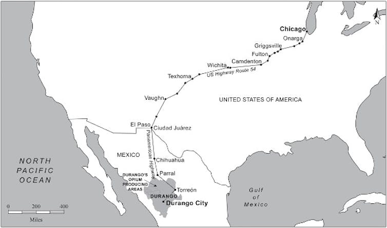 A map showing the route the Pan-American Highway takes between Durango in Mexico and Chicago in the US.